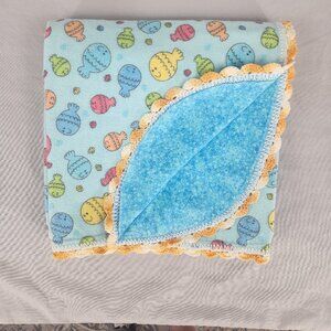 Double Sided Handmade Flannel Baby Blanket Crochet Edge Blue Fish Orange Trim